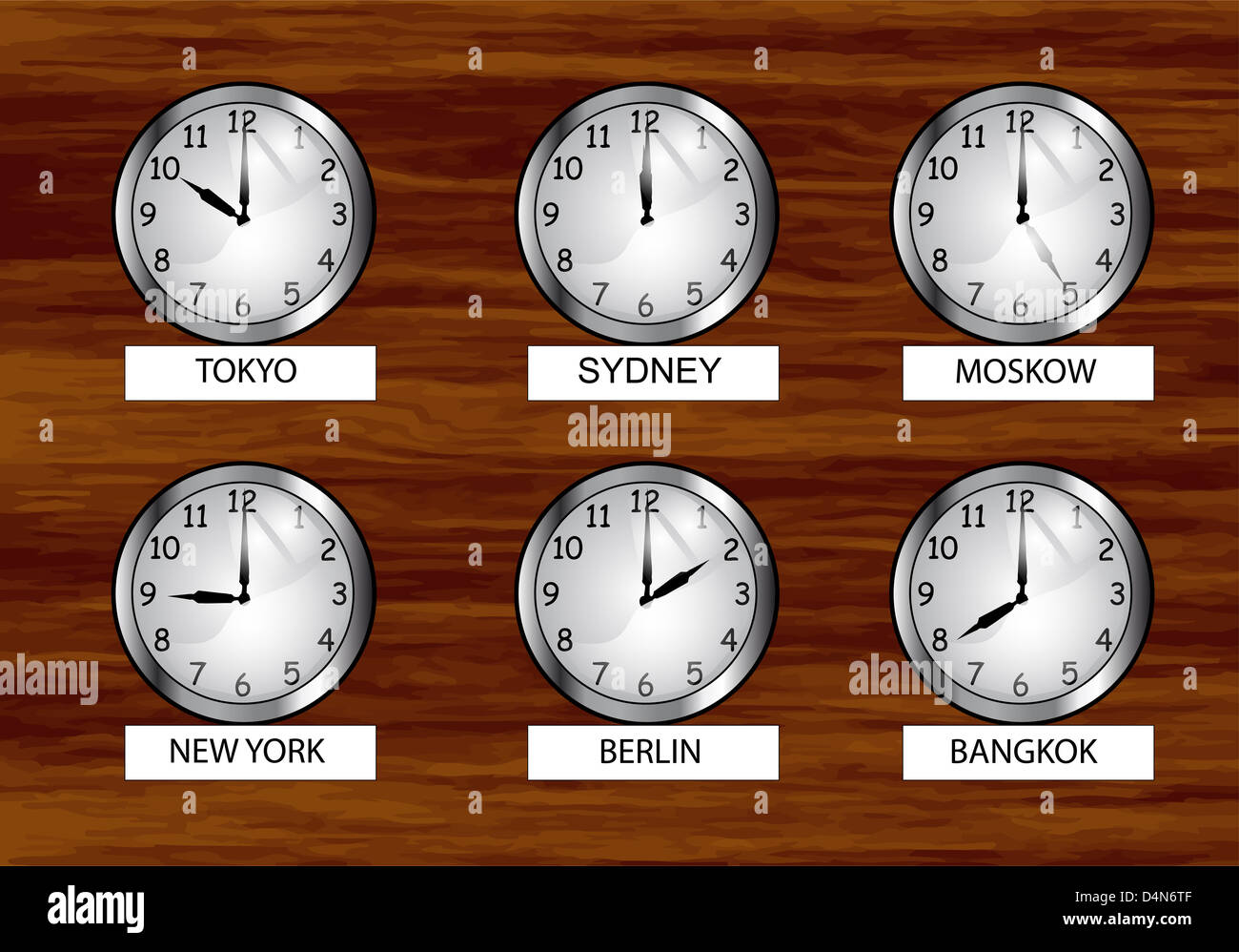 the world clock. different time zones clock on the wooden wall Stock Photo