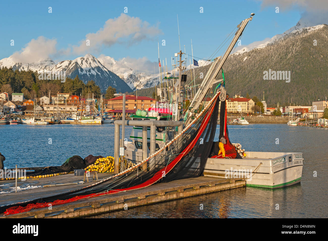 Sitka, Alaska 16 March 2013 Fishermen preparing purse seine for