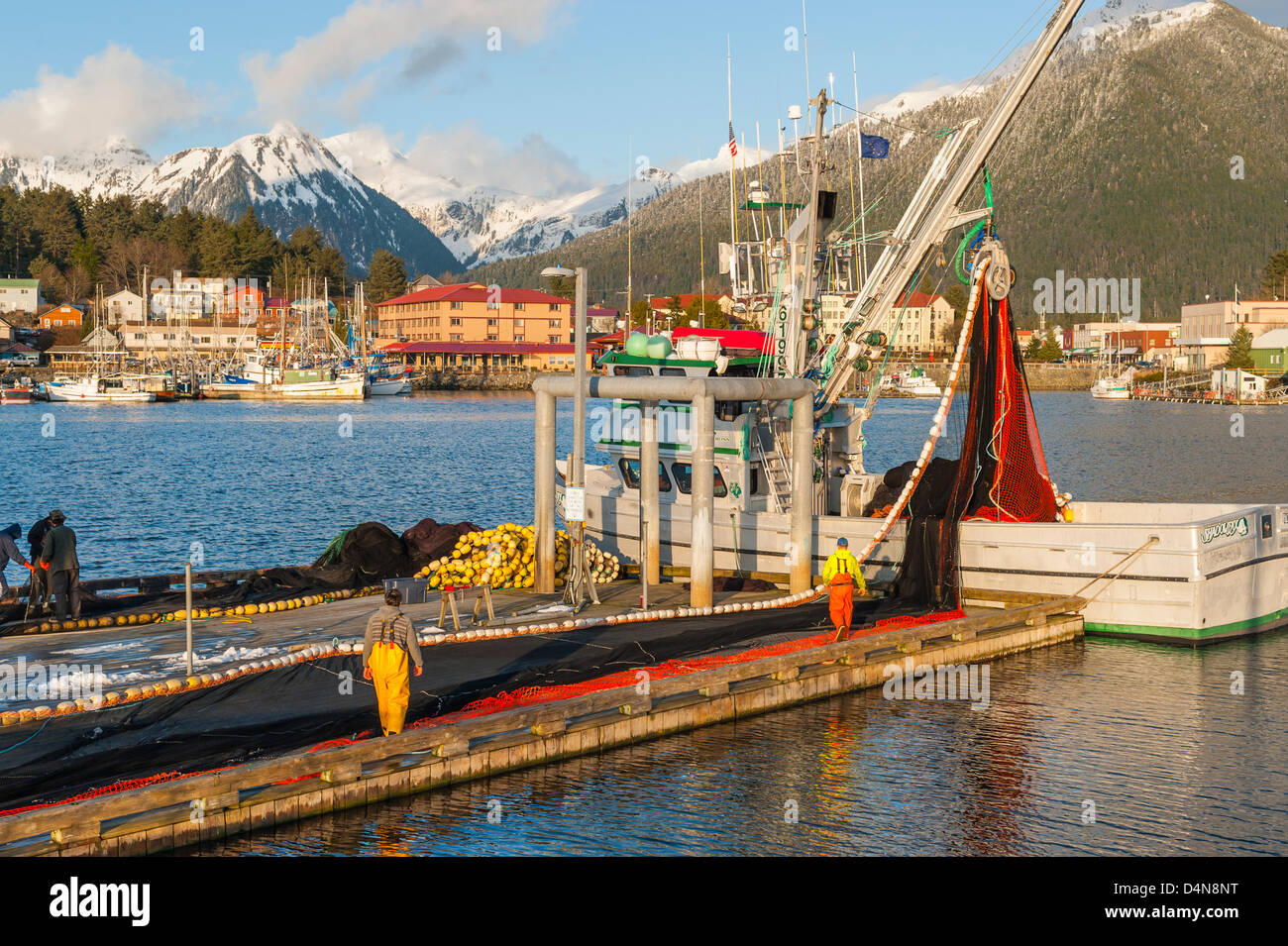 Sitka, Alaska 16 March 2013 Fishermen preparing purse seine for
