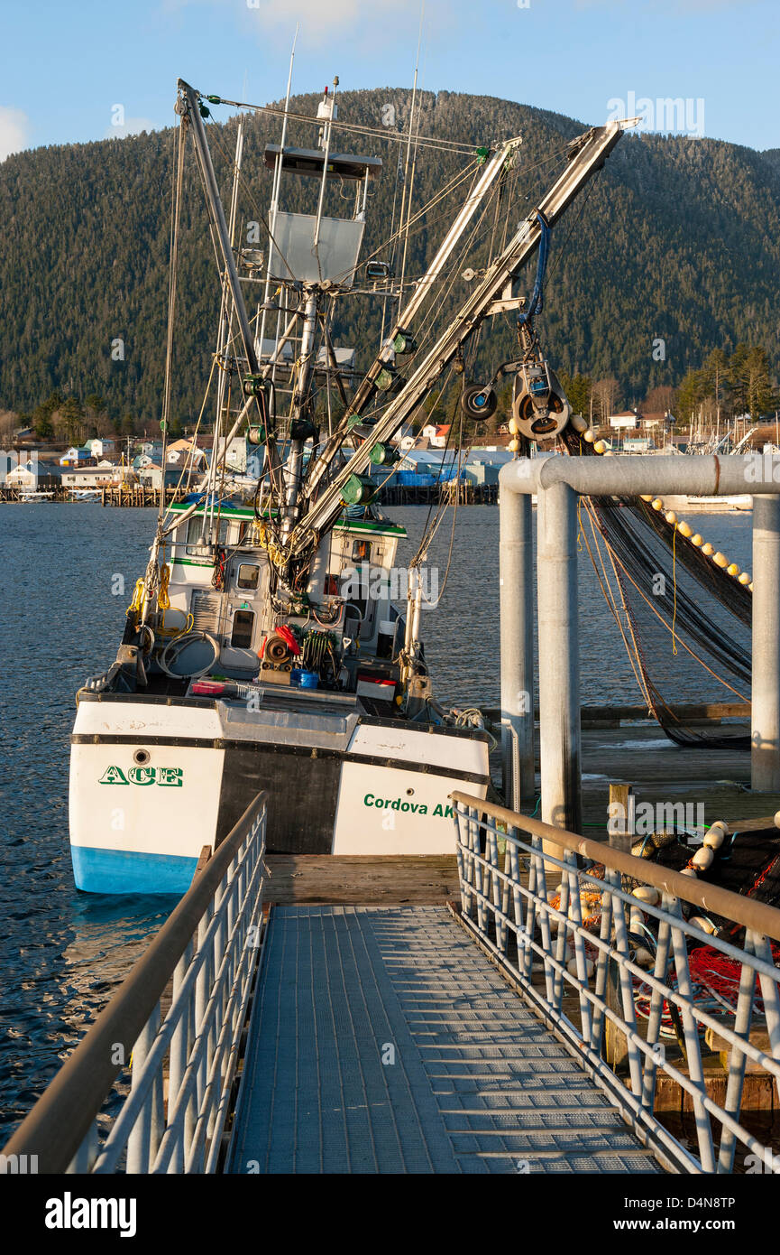 Sitka, Alaska 16 March 2013 View of the stern and equipment on a sac roe herring purse seiner. Stock Photo