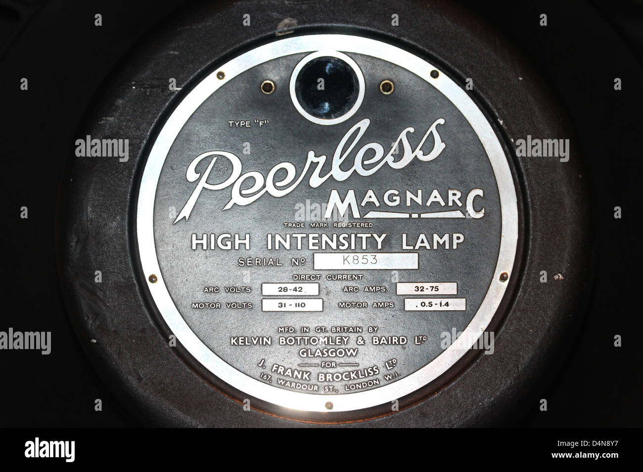 A Peerless Magnarc High Intensity Lamp for use with early 20th century film projectors. Stock Photo
