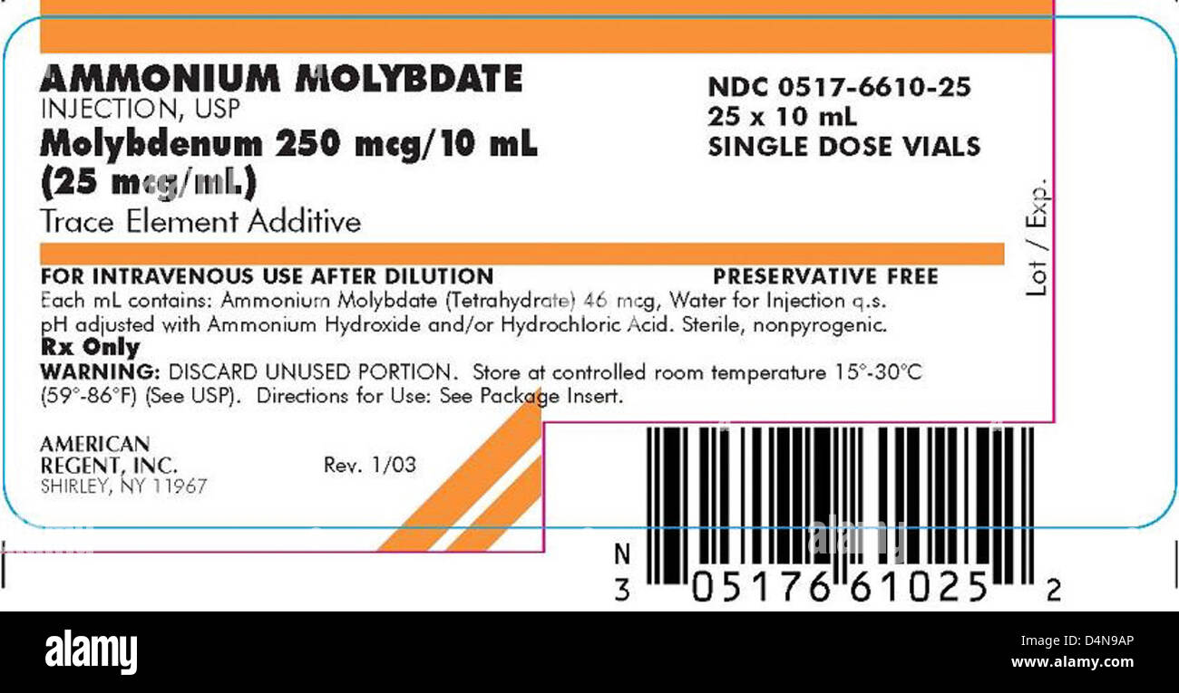 Recalled - Ammonium Molybdate Injection, USP (Molybdenum 250mcg/10mL) 10mL Single Dose Vial Stock Photo