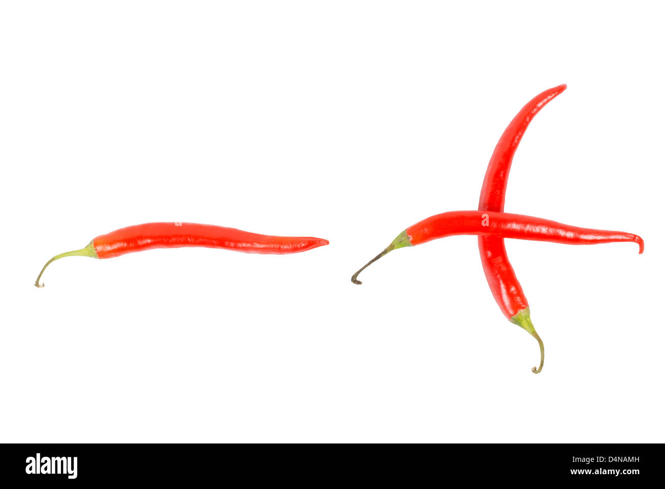 Three red hot chilli, chili, or cayenne peppers isolated on a white background arranged as a plus and minus sign Stock Photo