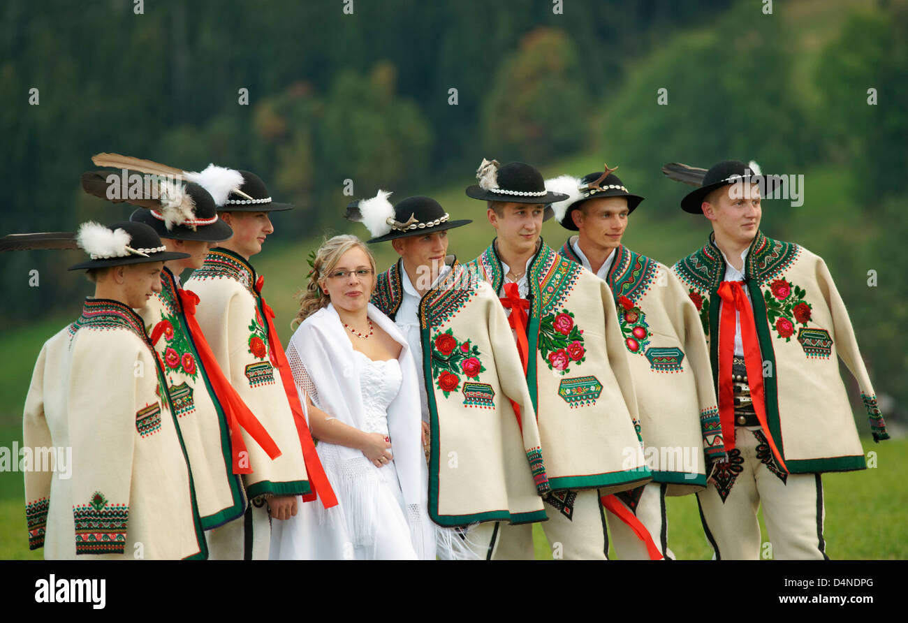 Polish wedding party in traditional costume. Stock Photo