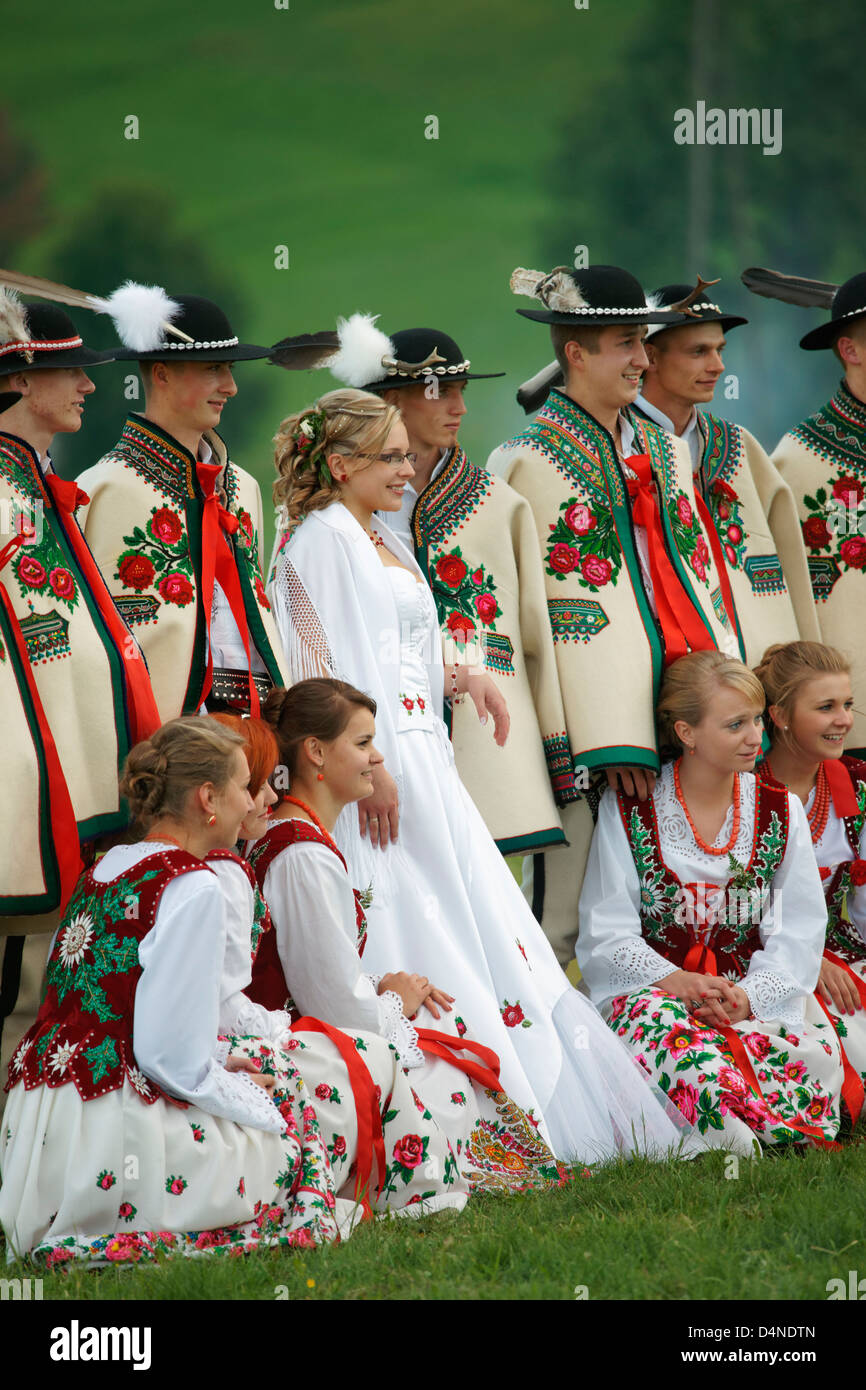 Polish wedding party in traditional costume. Stock Photo