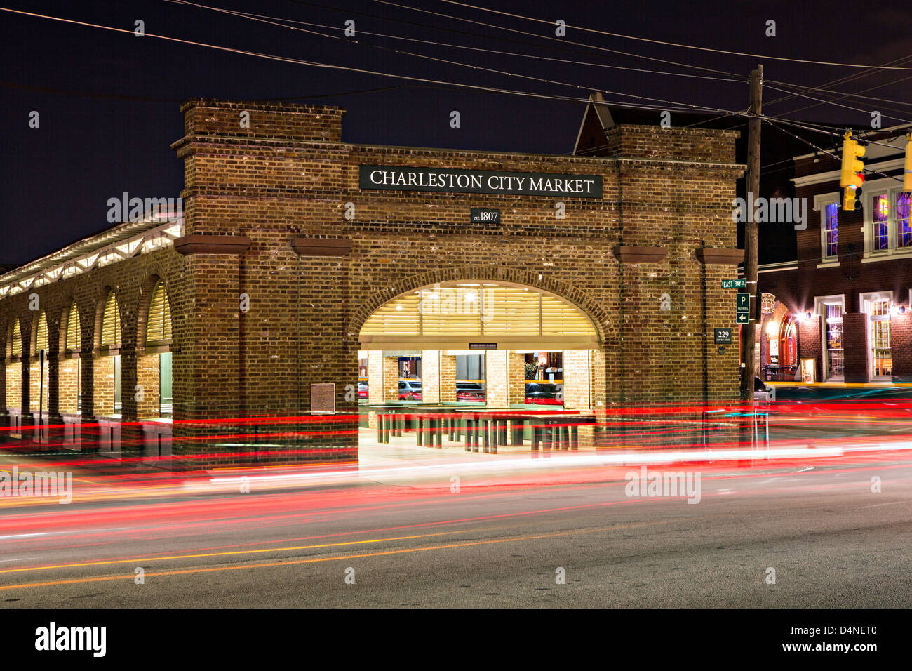 Night view of the Historic Charleston City Market on Market Street in