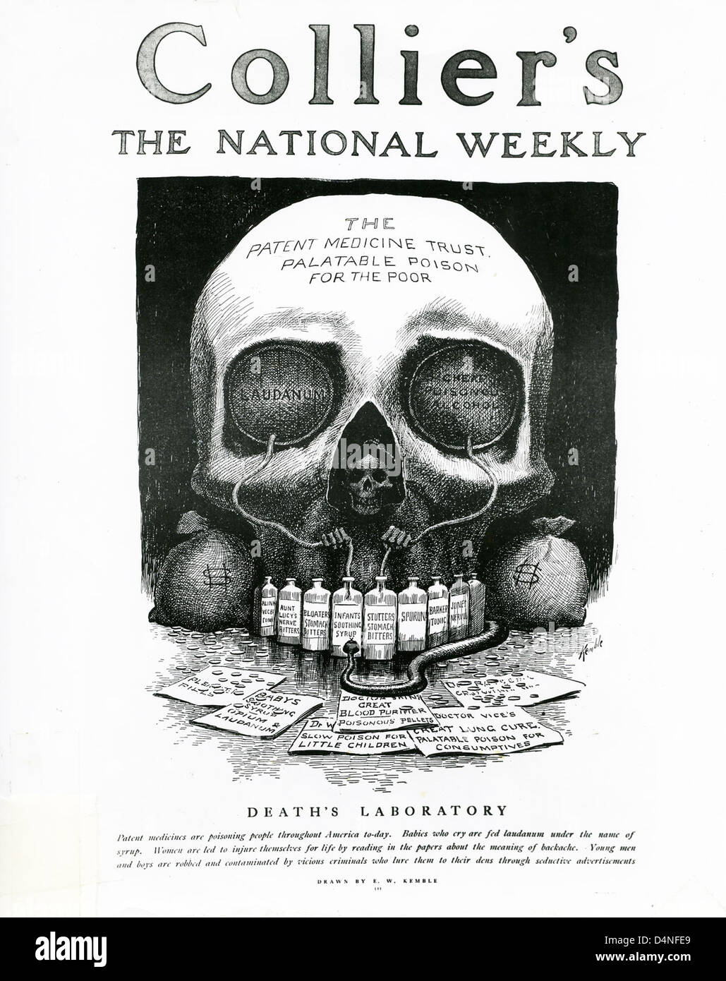 A 1905 cartoon by Samuel Hopkins Adams, published in Collier's Weekly, exposes fraudulent patent medicines as part of The Great American Fraud exposé. The cartoon highlighted the dangers of unregulated health products. Stock Photo