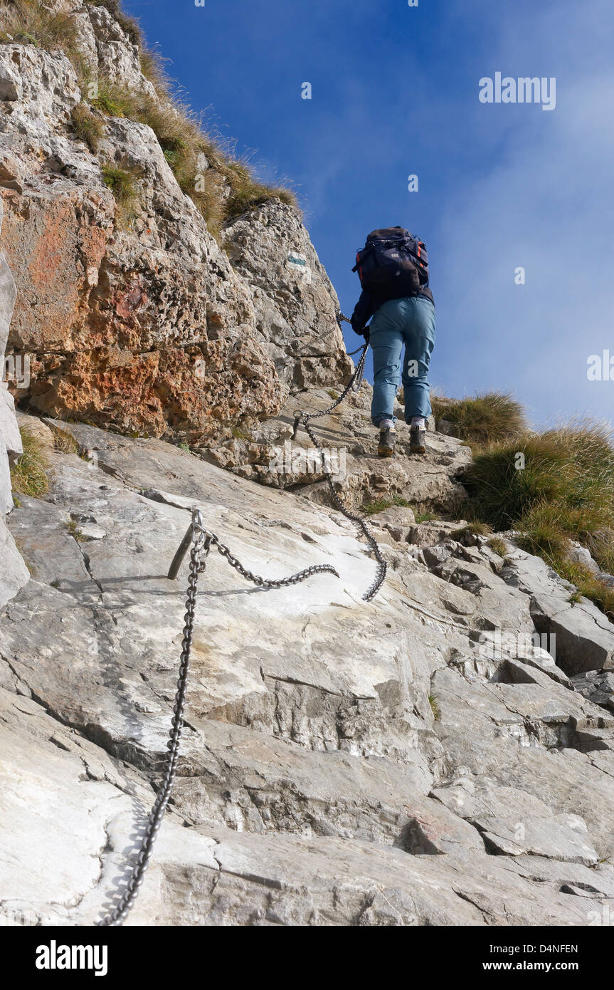 Female walker climbing on the path to Giewont in the Tatra National ...