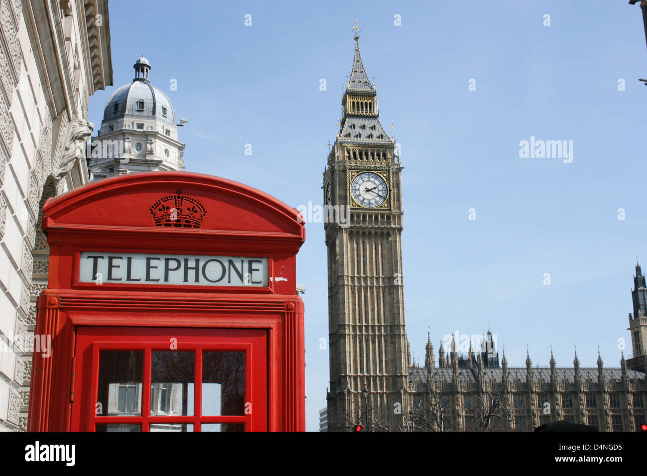 London red telephone box with Big Ben clock behind Stock Photo Alamy