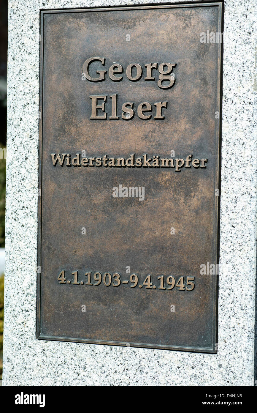 Detail on monument to Georg Elser who carried out an assassination attempt on Adolf Hitler in the Bürgerbräukeller in Nov. 1939 Stock Photo