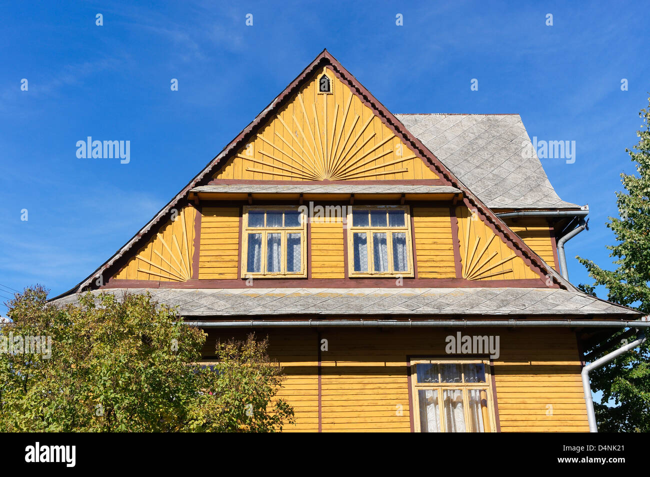 Traditionally built wooden house near Zakopane, Malopolska, Poland. Goral style. Stock Photo