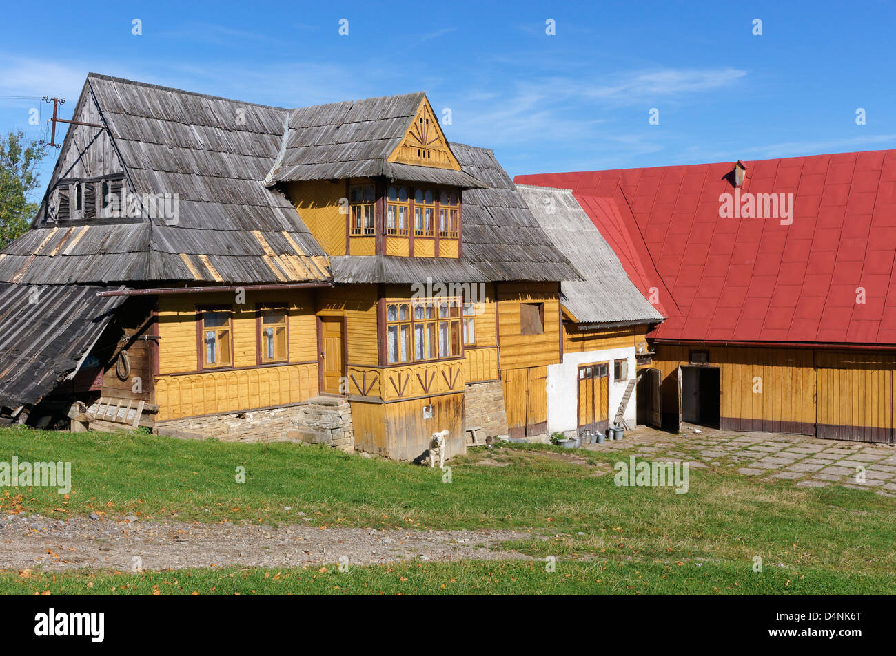 Traditionally built wooden farmhouse near Zakopane, Malopolska, Poland. Goral style. Stock Photo