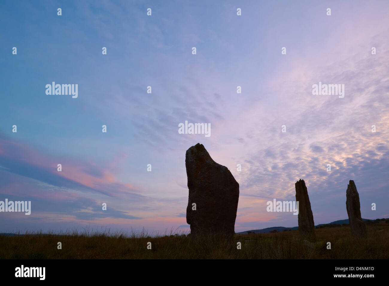 Machrie Moor Stone Circle at sunset, Machrie, Isle of Arran, North Ayrshire, Scotland, UK. Stock Photo