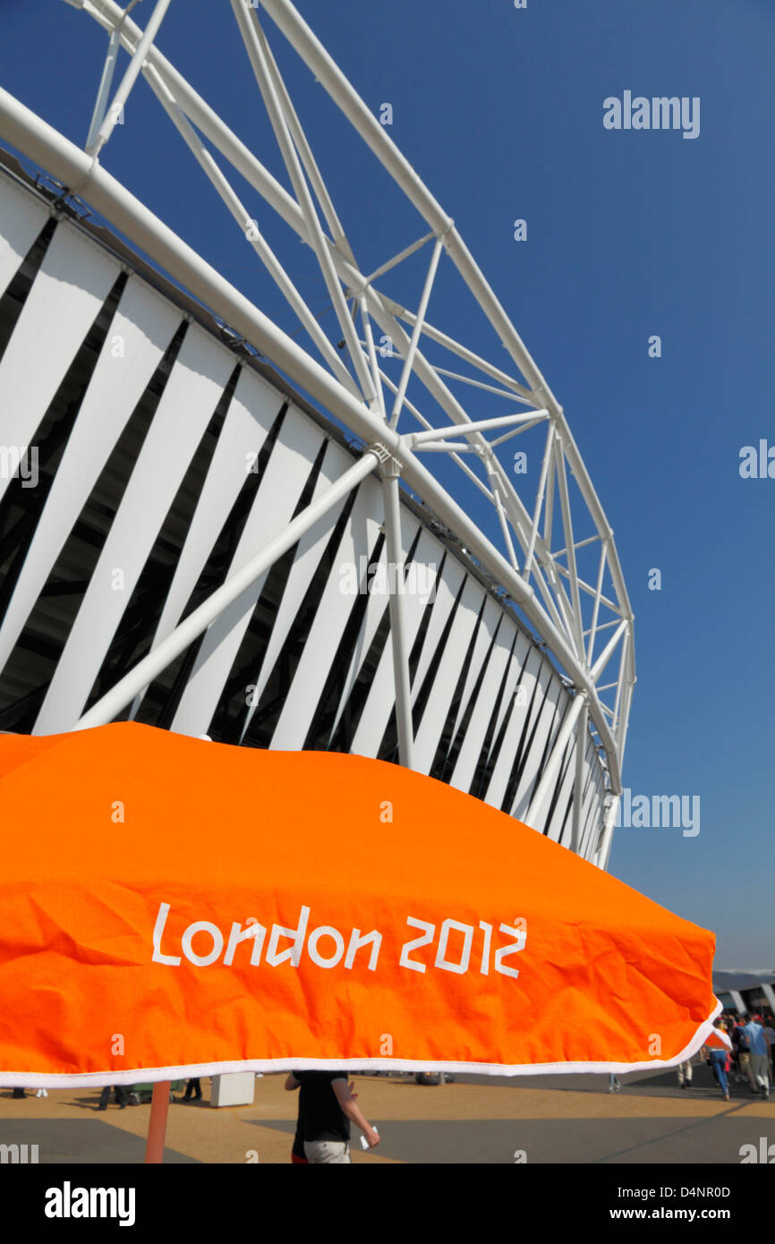 A bright orange London 2012 Olympics umbrella parasol photographed in