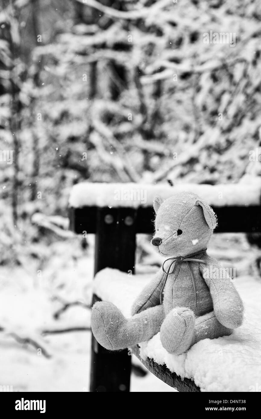 Teddy bear on a bench in the snow in an English woodland. Monochrome Stock Photo
