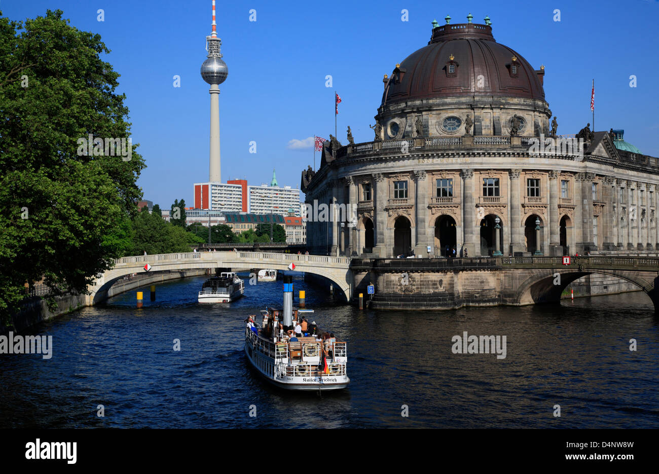 View to museum island at spree river, Bodemuseum and tv-Tower, Berlin, Germany Stock Photo
