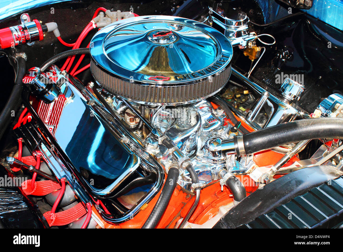 A chromed out Chevy muscle car motor at the Run to the Sun car show in Myrtle Beach, SC on March 15th, 2013 Stock Photo