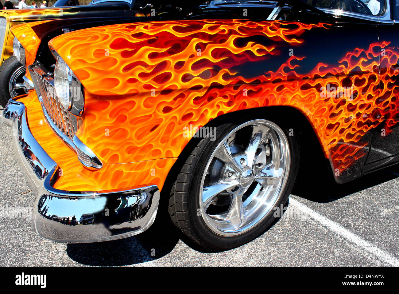 Vintage American muscle car with flame paint job at the Run to the Sun car show in Myrtle Beach, SC on March 15, 2013 Stock Photo
