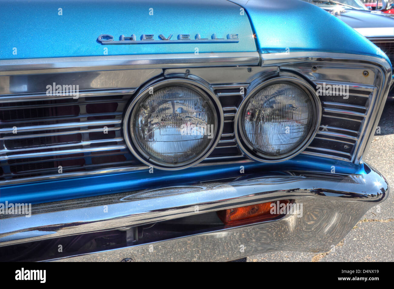 A classic Chevrolet Chevelle muscle car front grill and headlights close up. Stock Photo