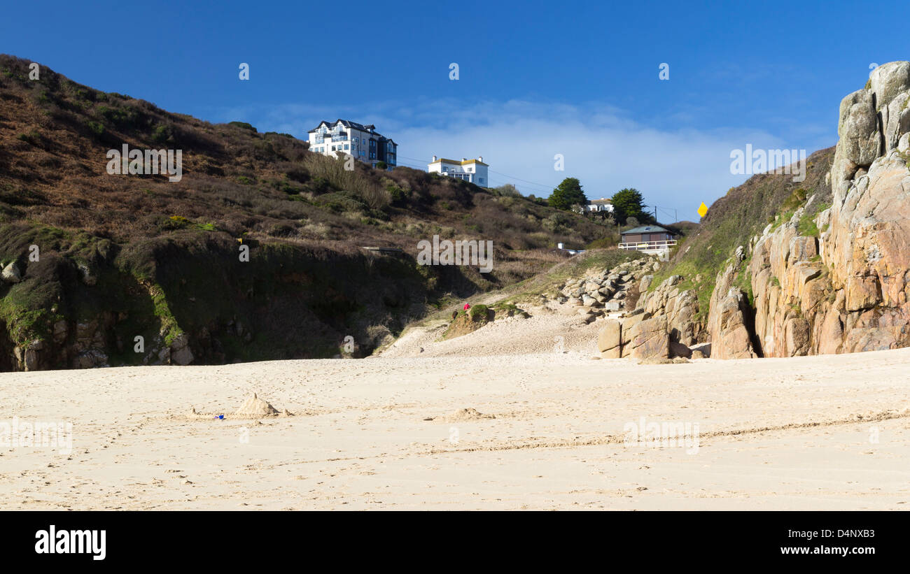 The beautiful golden sandy beach at Porthcurno Cornwall England UK Stock Photo