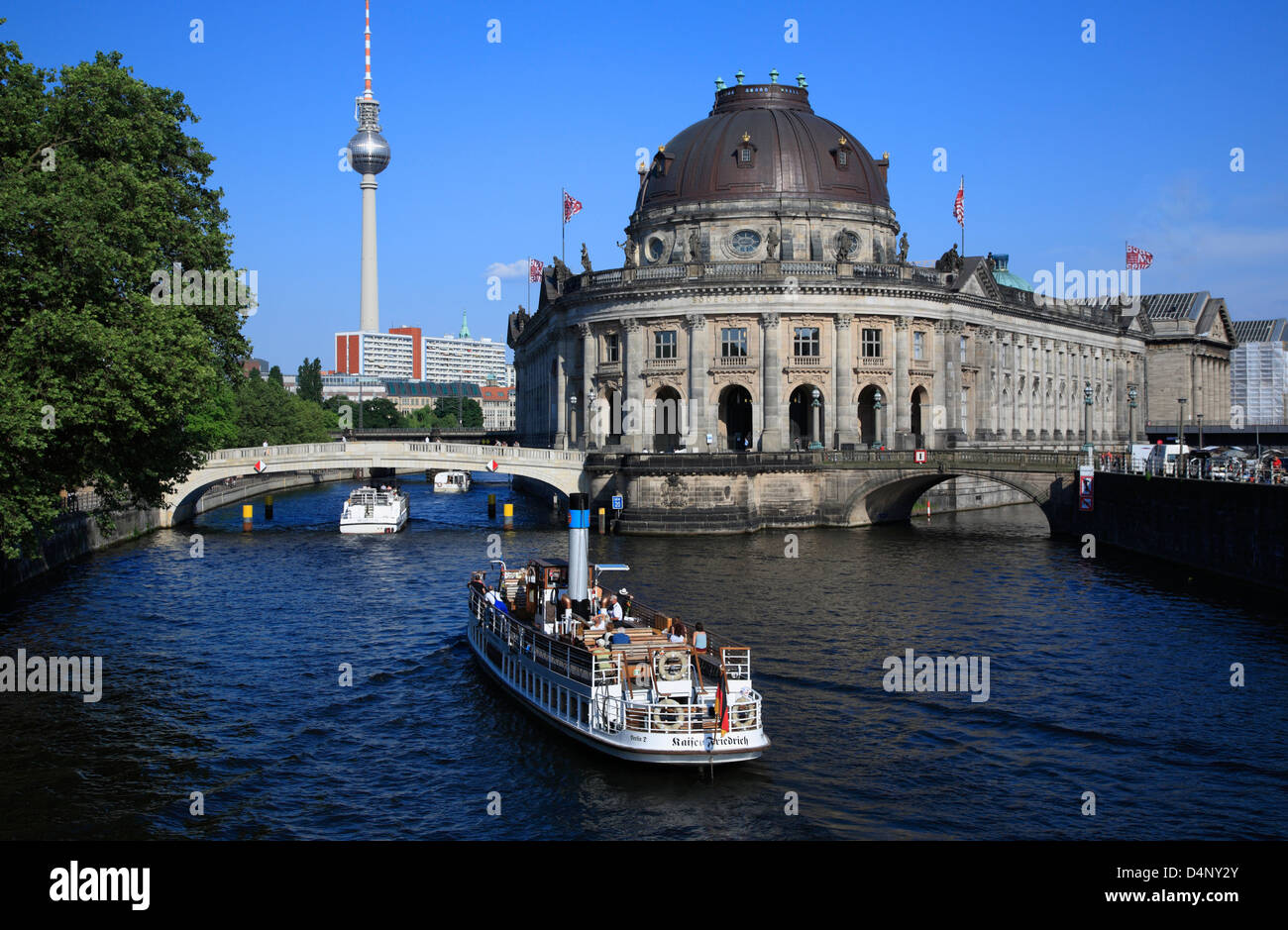 Museums island at spree river with tourist steamer, Bodemuseum, tv-tower, Berlin, Germany Stock Photo