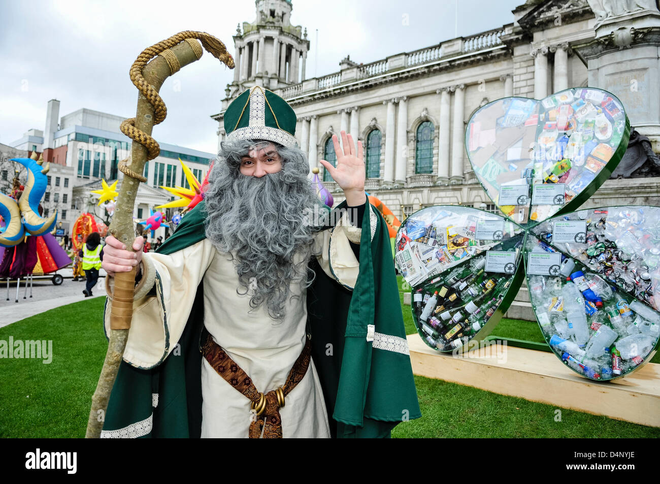 Belfast, Northern Ireland. 17th March, 2013.  Saint Patrick in front of Belfast City Hall before the annual St Patrick's Day parade. Stock Photo