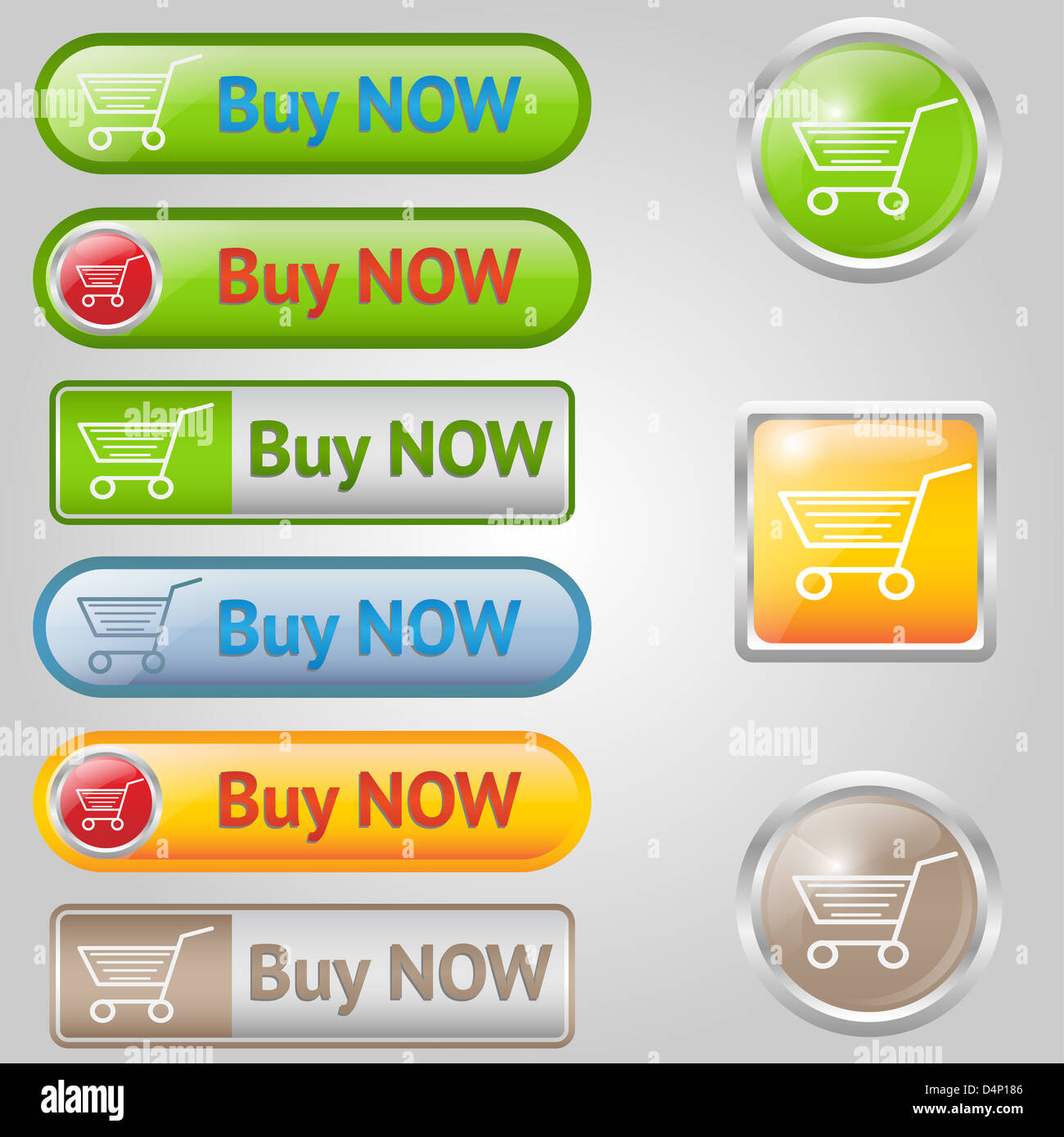 Nine shiny buy buttons with text and cart. Stock Photo