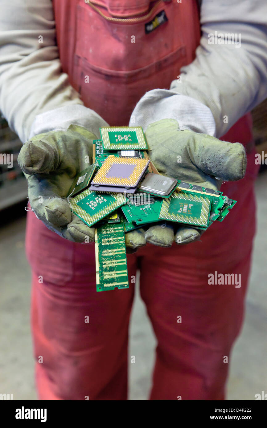 Berlin, Germany, the employee holds BRAL CPUs in the hands Stock Photo
