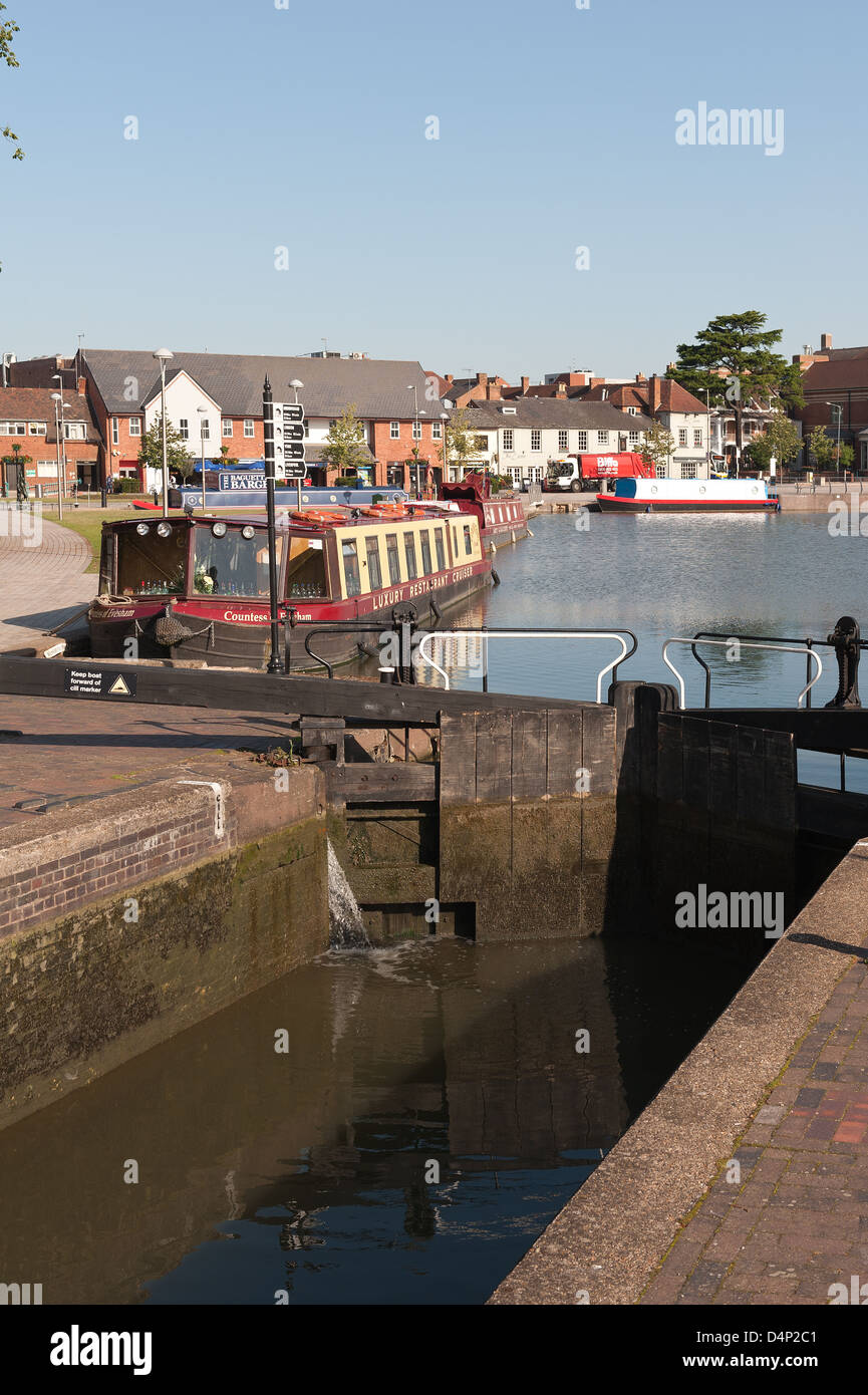 Banford basin canal in Stratford waterway sunny early morning  waterside travellers rest in tranquility of sunrise Stock Photo