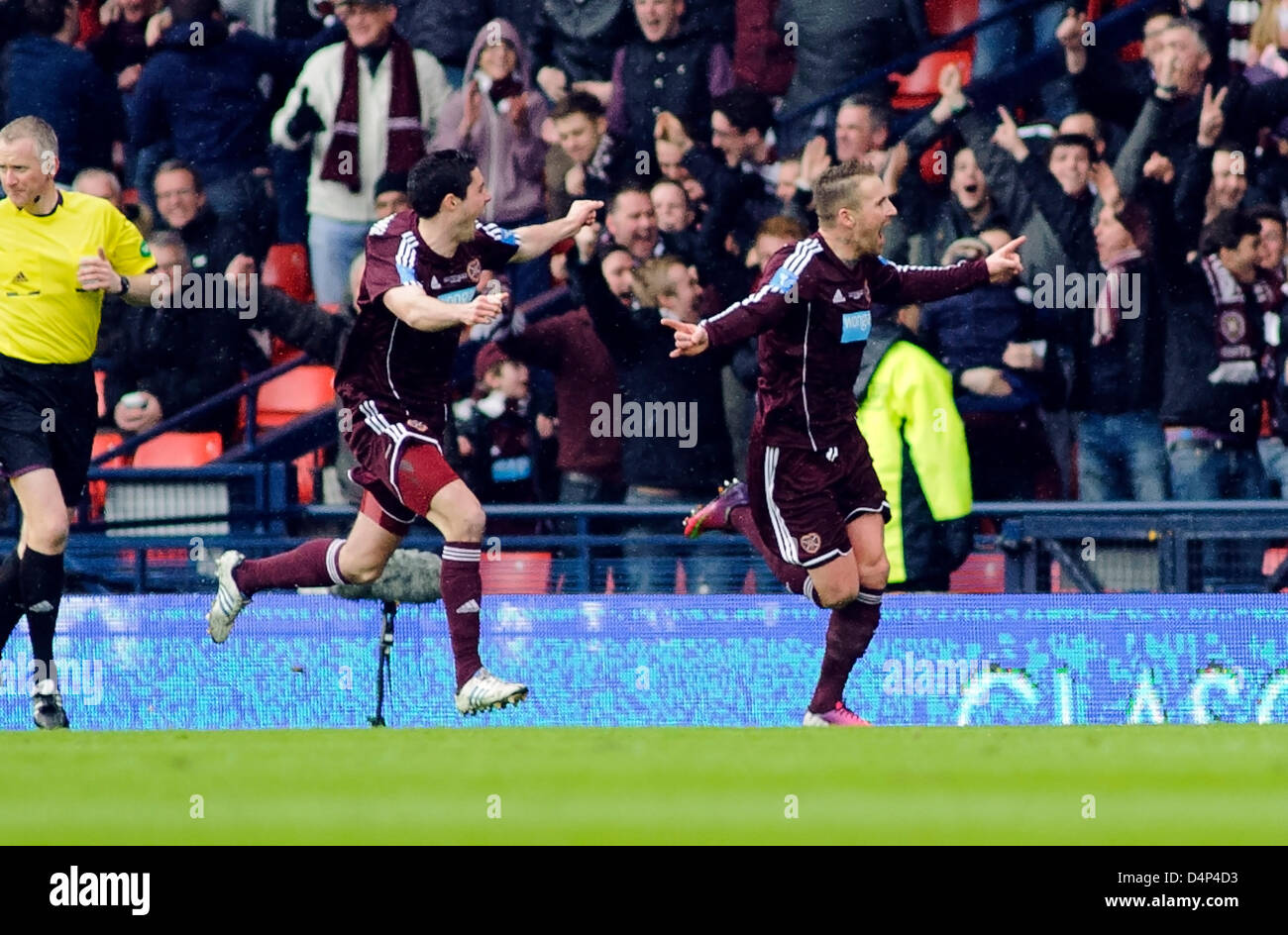 Glasgow, Scotland, UK. Sunday 17th March 2013. Ryan Stevenson (right) celebrates the opening goal with Dylan McGowan during the Scottish Communities League Cup Final between St Mirren and Hearts at Hampden Park Stadium. Credit: Colin Lunn / Alamy Live News Stock Photo