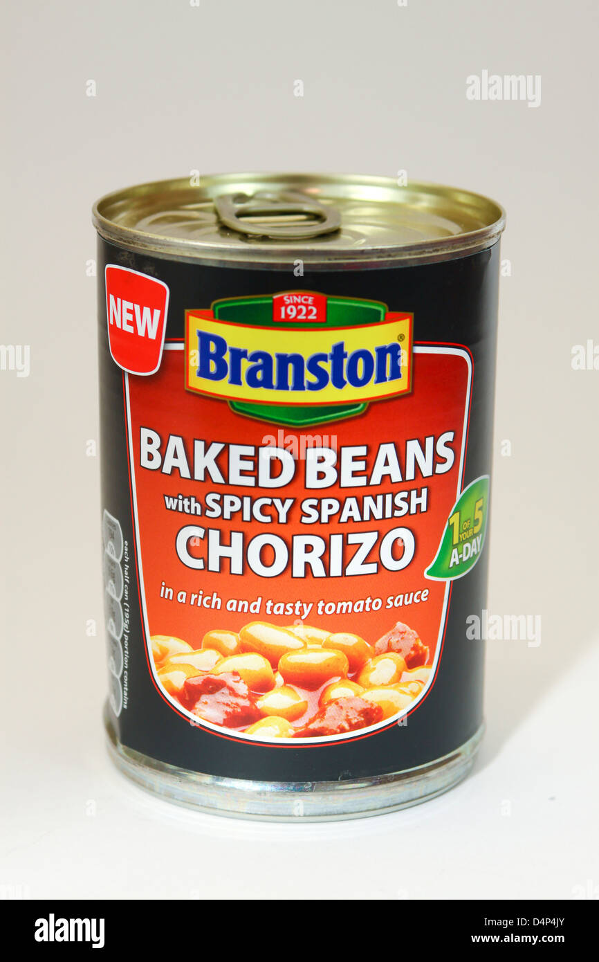 tin of Branston baked beans and spicy Spanish chorizo Stock Photo Alamy