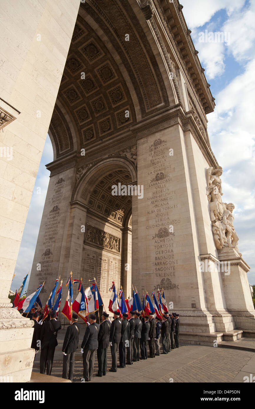 Parade of the Paris Fire Brigade - French Brigade des Sapeurs-Pompiers de Paris at Arc de Triomphe; Stock Photo