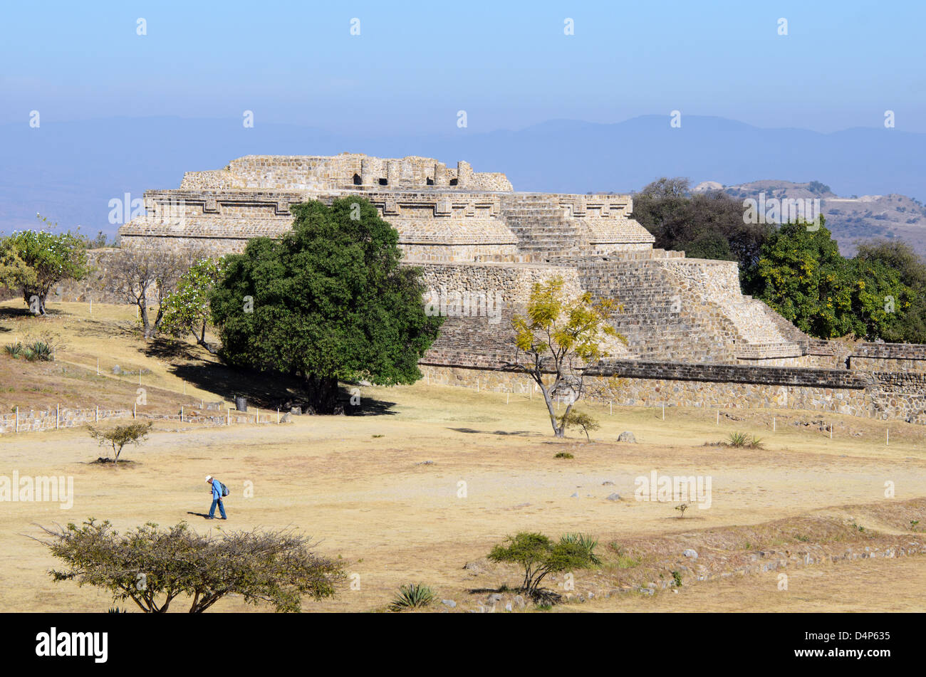Morning sun brightens the east face of Building IV at the Monte Alban archaeological site in Oaxaca, Mexico. Stock Photo