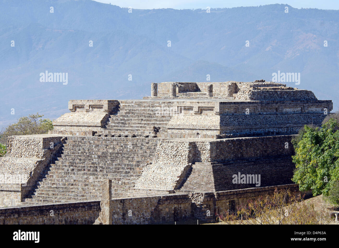 The top portion of the ruined temple complex called 'Building IV' at Monte Alban, Oaxaca, Mexico. Stock Photo