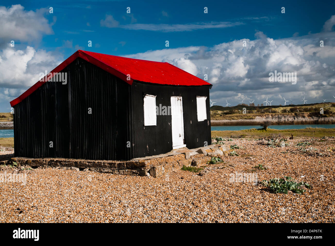 View of a hut on the Saltmarsh, Romney, East Sussex Stock Photo