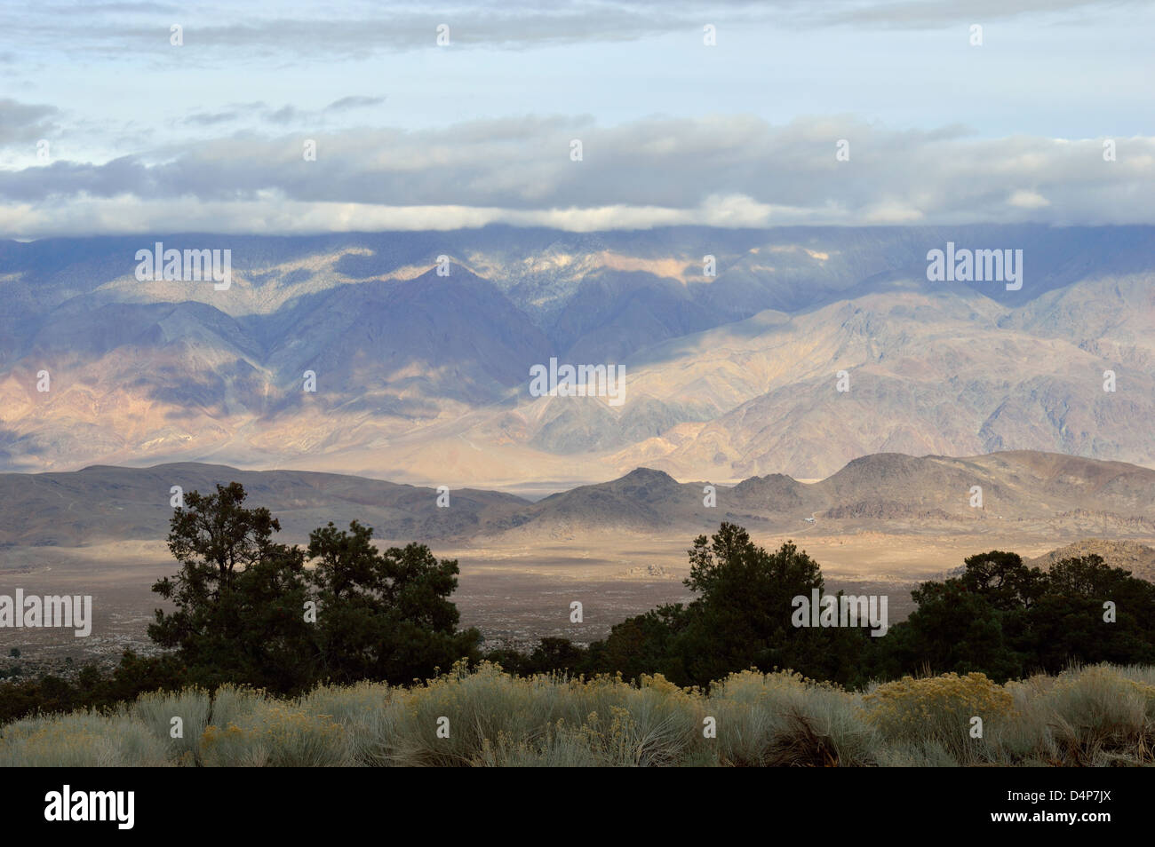Upper reaches of Whitney Portal road outside of Lone Pine, California, View across the Owens valley. Stock Photo