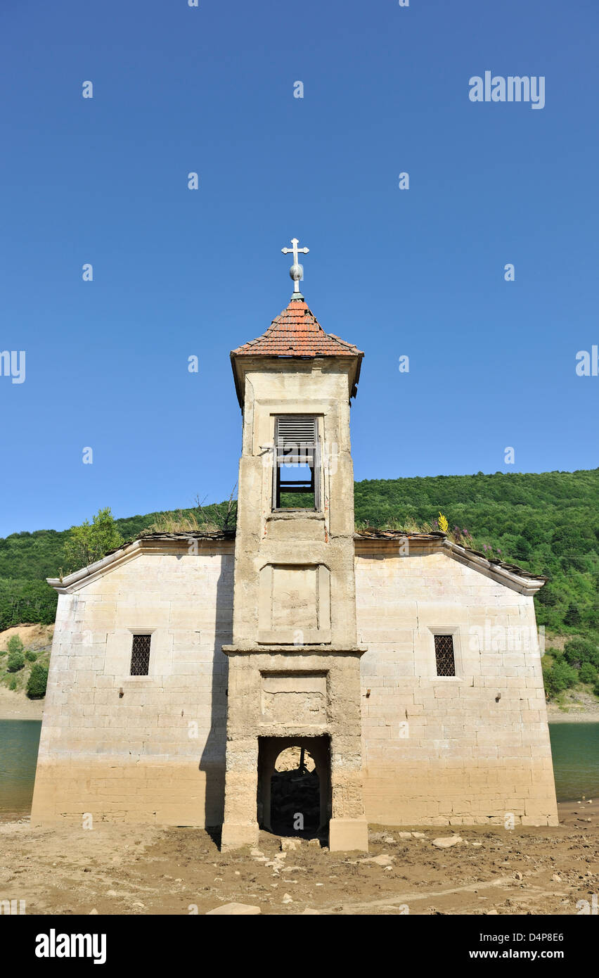 The old abandoned church of St Nicholas submerged in Mavrovo Lake, Macedonia Stock Photo