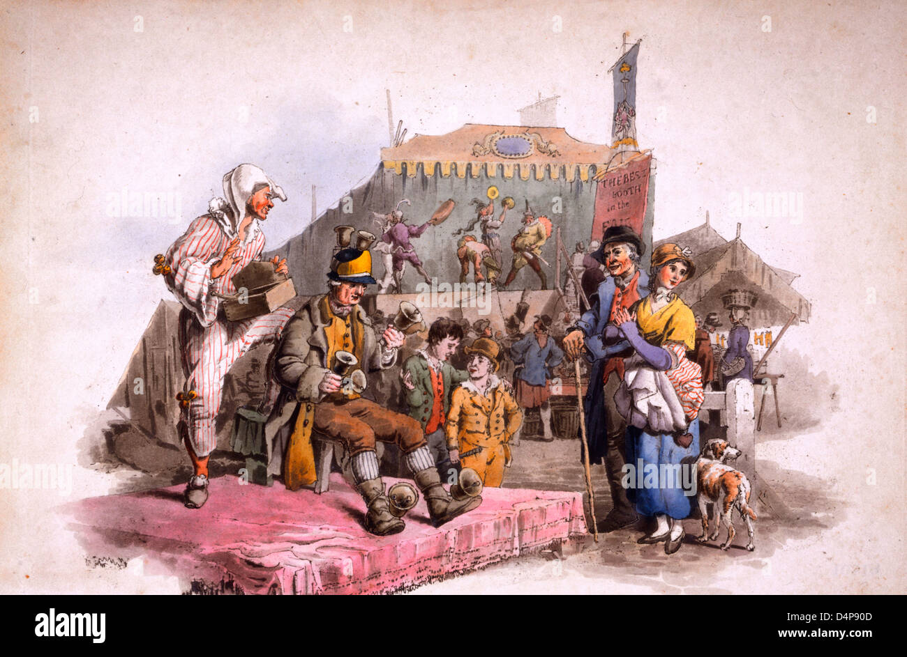 Couple at fair looking at a clown and a bell ringer, circa 1808 Stock Photo