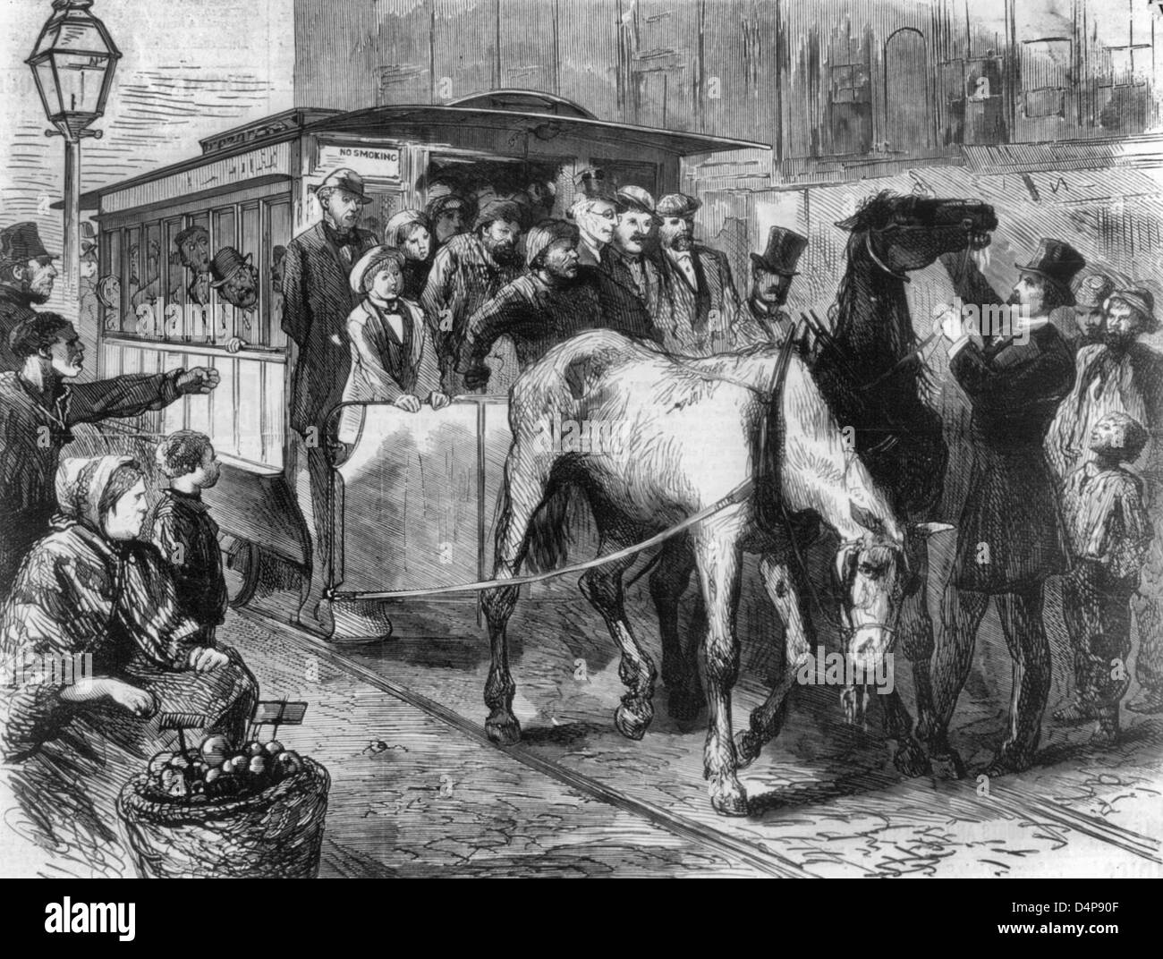 The Crowded car - Pair of horses unable to pull overcrowded street car in New York City, 1872 Stock Photo