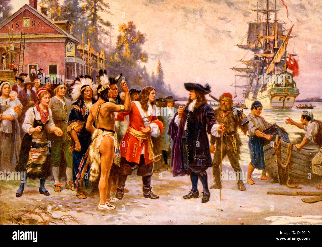 The landing of William Penn - William Penn, in 1682, standing on shore greeted by large group of men and women, including Native Americans. Stock Photo