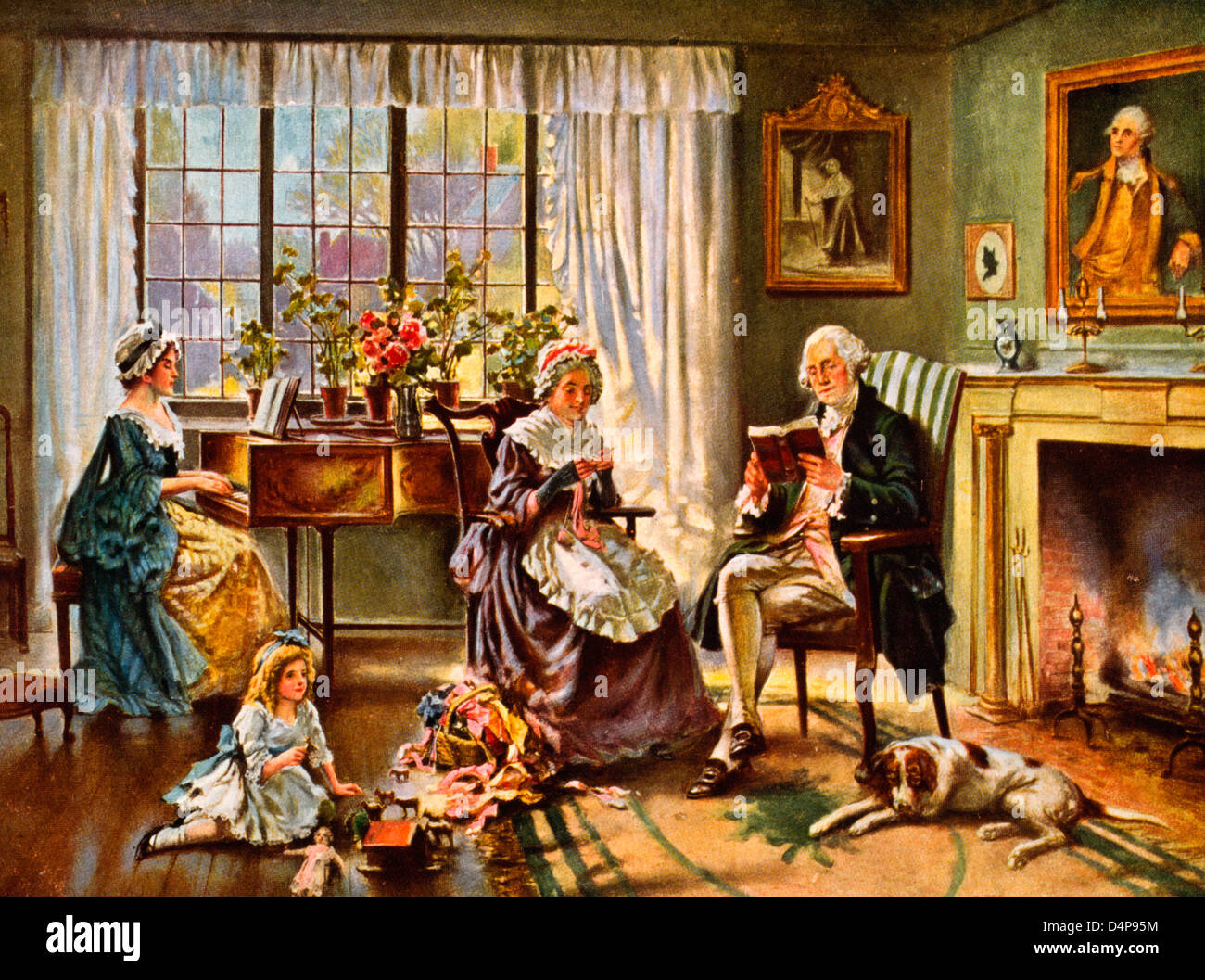 George Washington, full-length portrait, reading, with his family in living room. Stock Photo