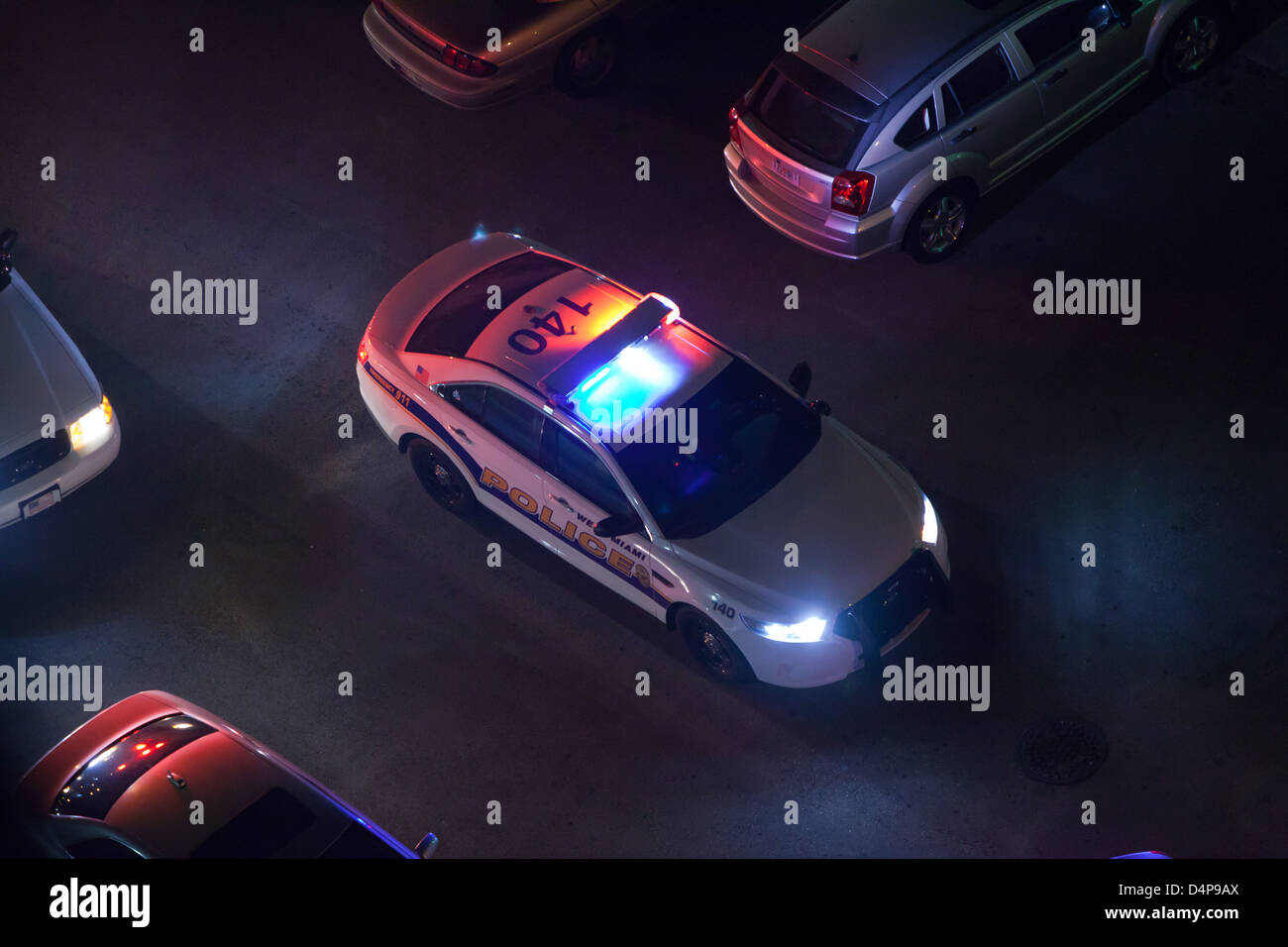 Police,car, red , blue, lights ,Authority ,traffic, stop ,directing, blocking ,road, West ,Miami