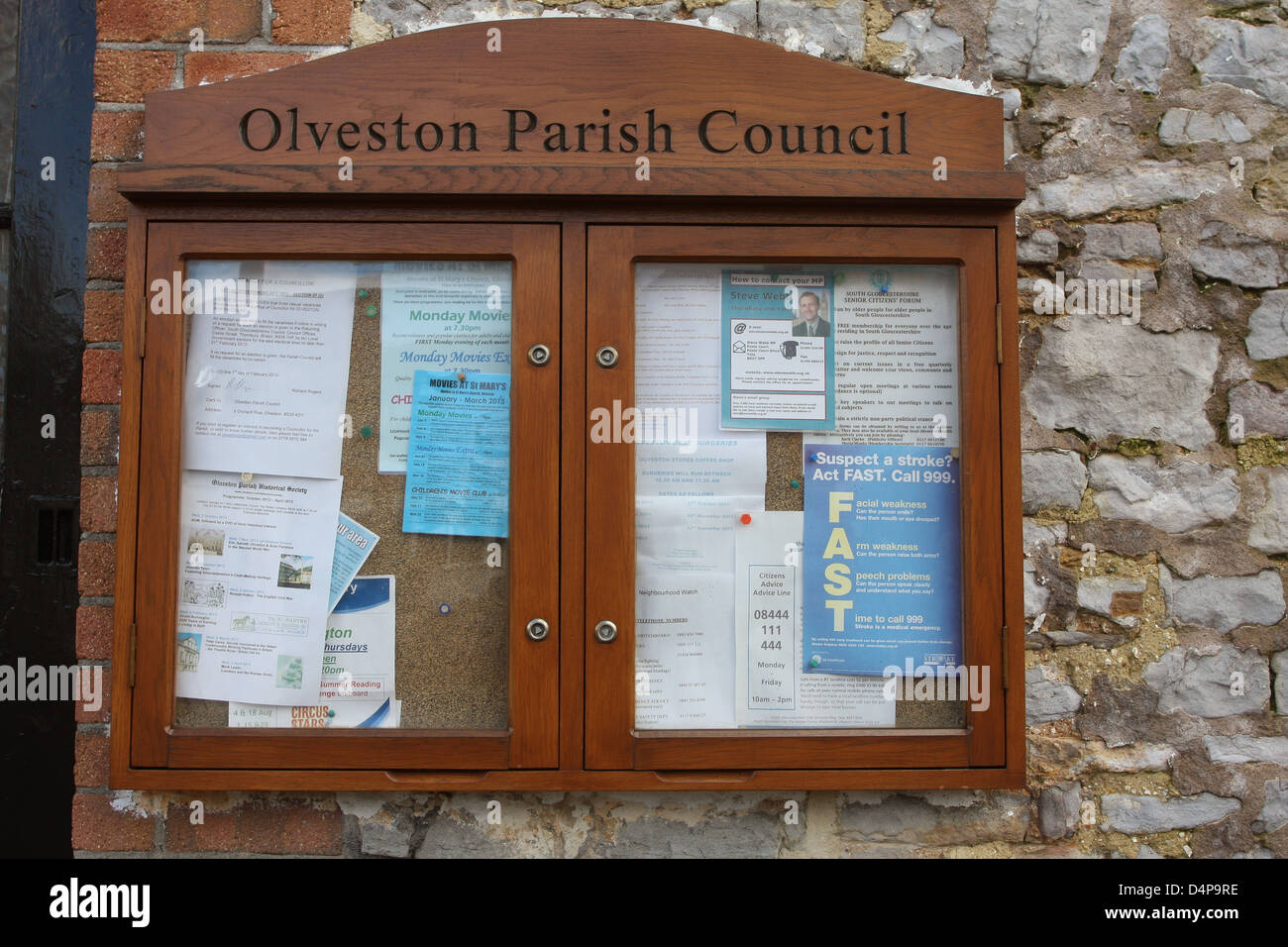 Olveston Parish council notice board advertising events on in the village and other notable happening. February 2013 Stock Photo