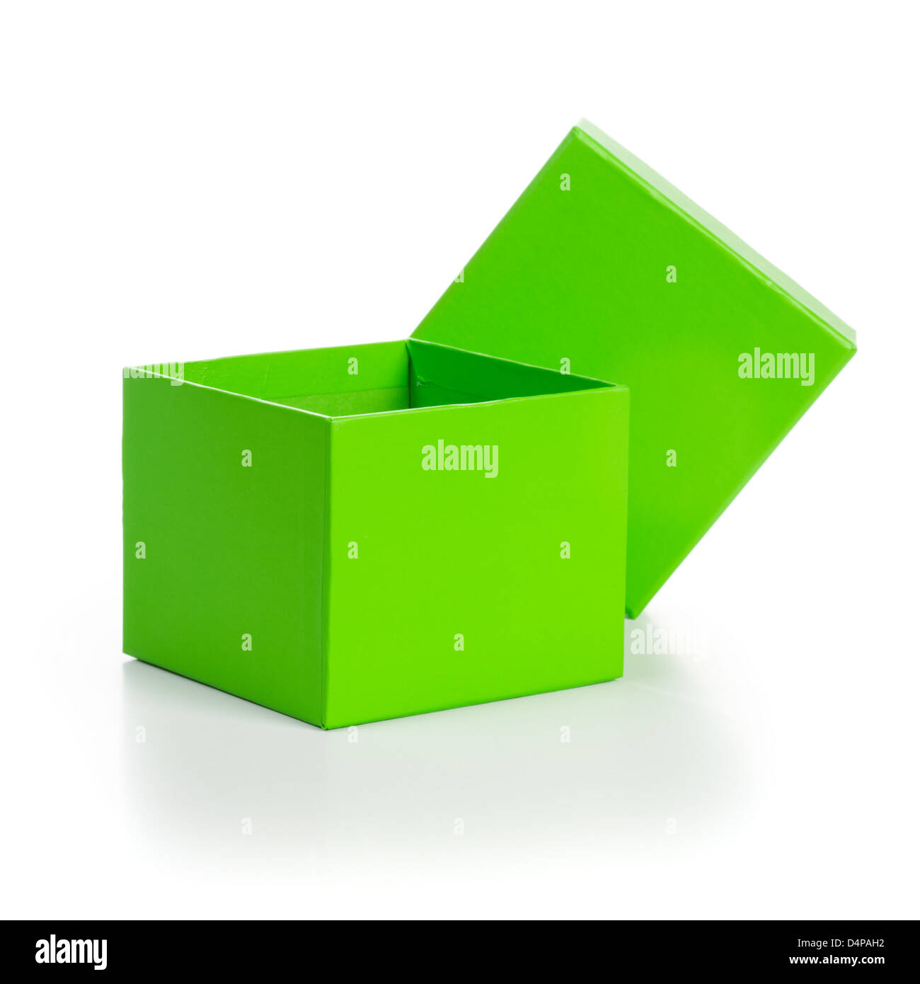 Opened empty green gift box with lid on white background clipping path