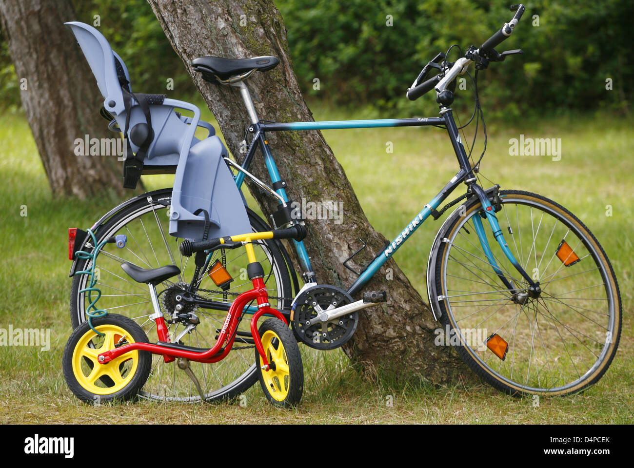 A man?s bicycle with a child seat and a children?s bike lean on a tree