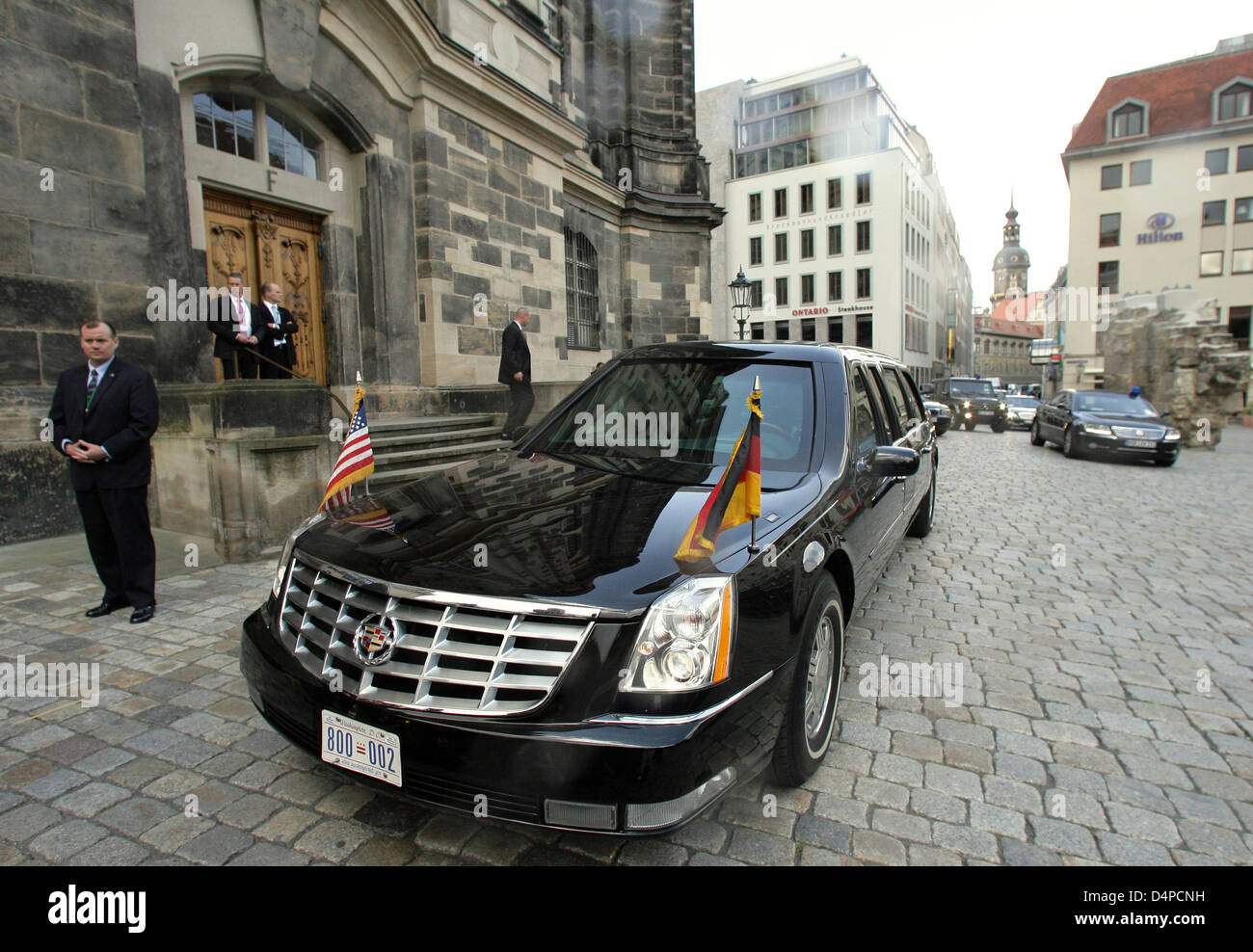 The armoured limousine of US President Barack Obama stands in front of the Frauenkirche in Dresden, Germany, 05 June 2009. During his short stay in Germany, the President will also visit the former concentration camp Buchenwald near Weimar and a US hospital in Landstuhl. Photo: Jens Wolf Stock Photo
