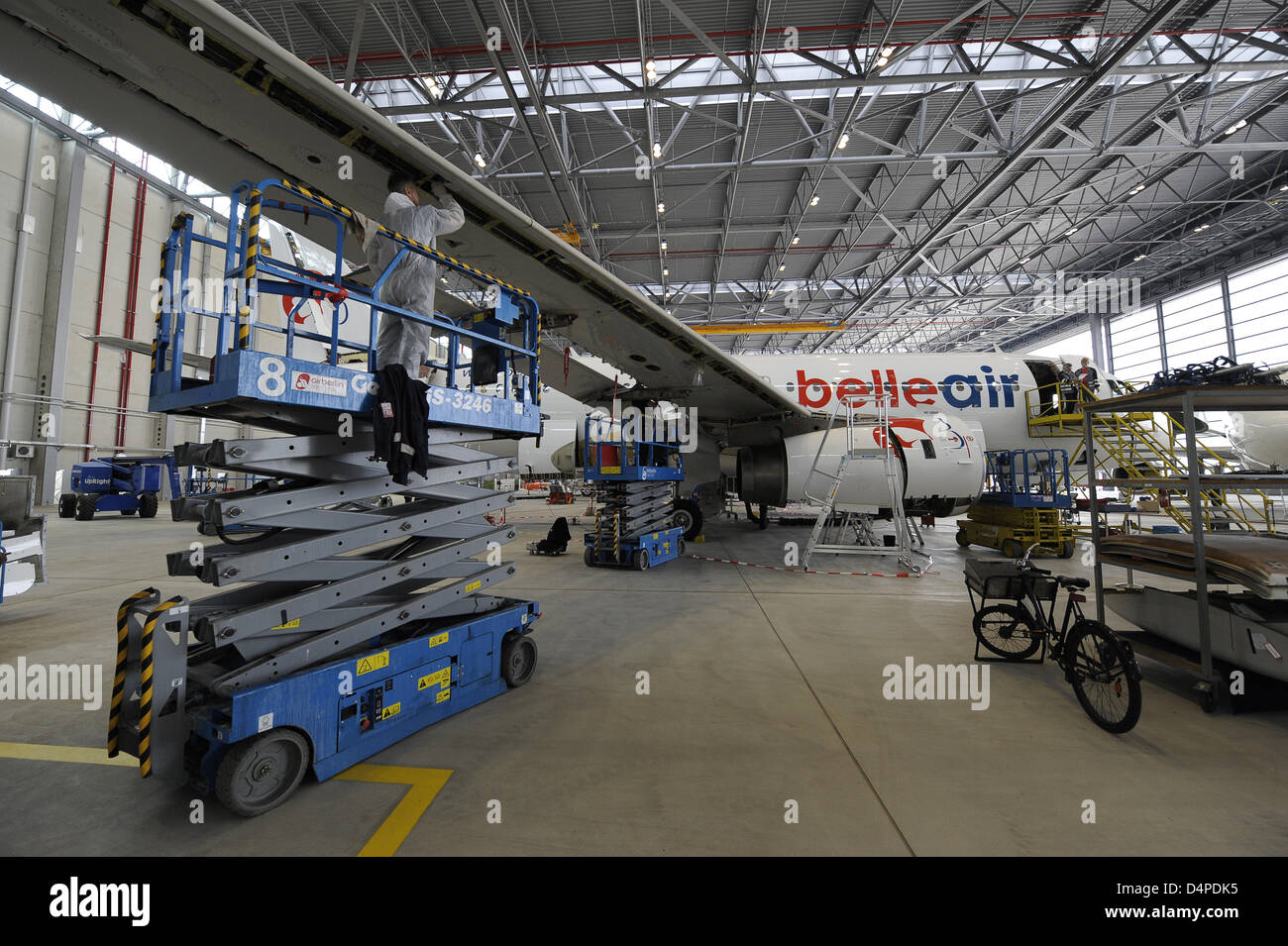 Engineers maintain and repair an aerofoil an Airbus of Albanian low ...