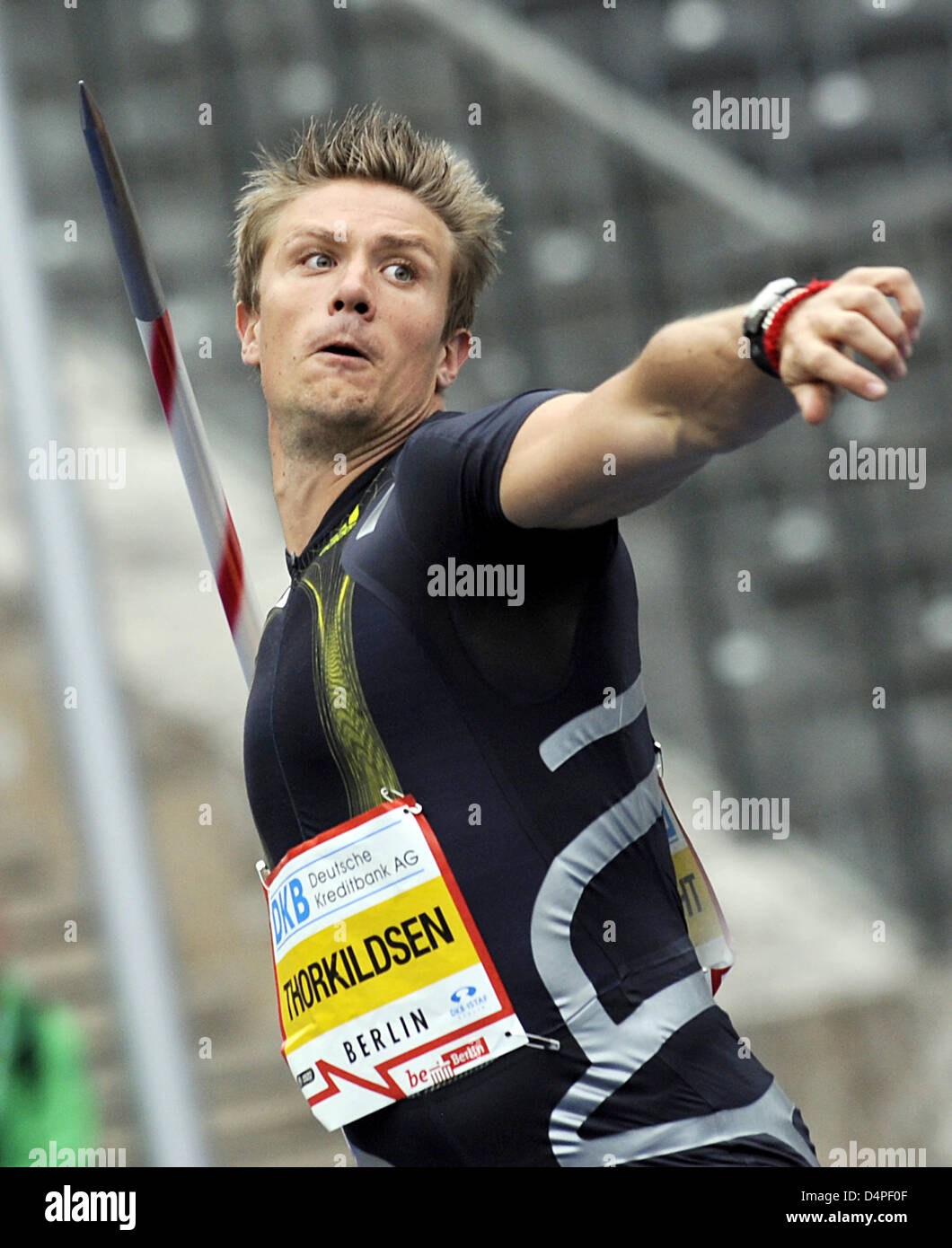 Norway?s javelin thrower Andreas Thorkildsen pictured during his throw at the ISTAF in Berlin, Germany, 14 June 2009. Photo: Rainer Jensen Stock Photo