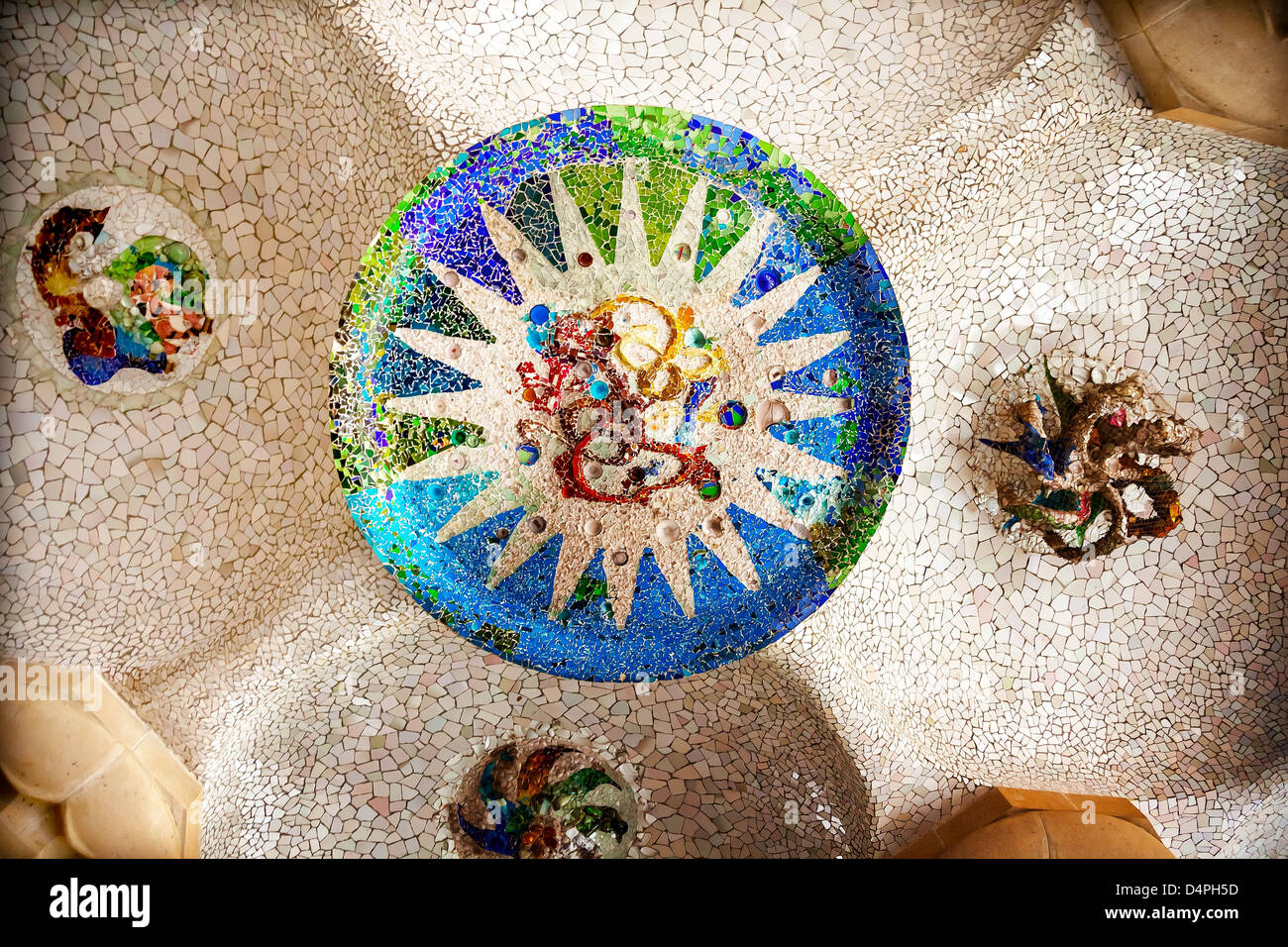 Antoni Gaudi ceramic mosaic design in Guell Park, Barcelona, Catalonia, Spain Stock Photo