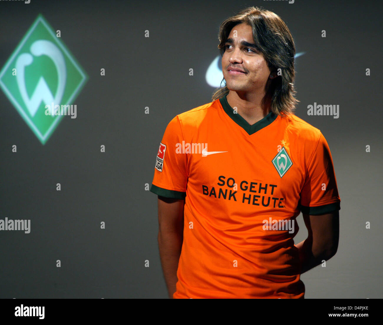 Marcelo Moreno, new player of German Bundesliga club Werder Bremen, presents the new jersey of the team for the season 2009-10 in Bremen, Germany, 02 July 2009. Photo: Lutz Bongarts Stock Photo